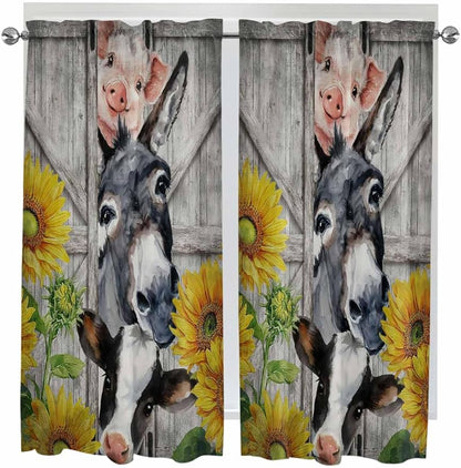 Farmhouse Living Room Curtains 72 Inches length, Vintage Sunflowers Animals Printed Wood Grain Window Treatment Curtain Drapes, Light Filtering Drapes for Bedroom Laundry Room, 52"x72", 2 Panels