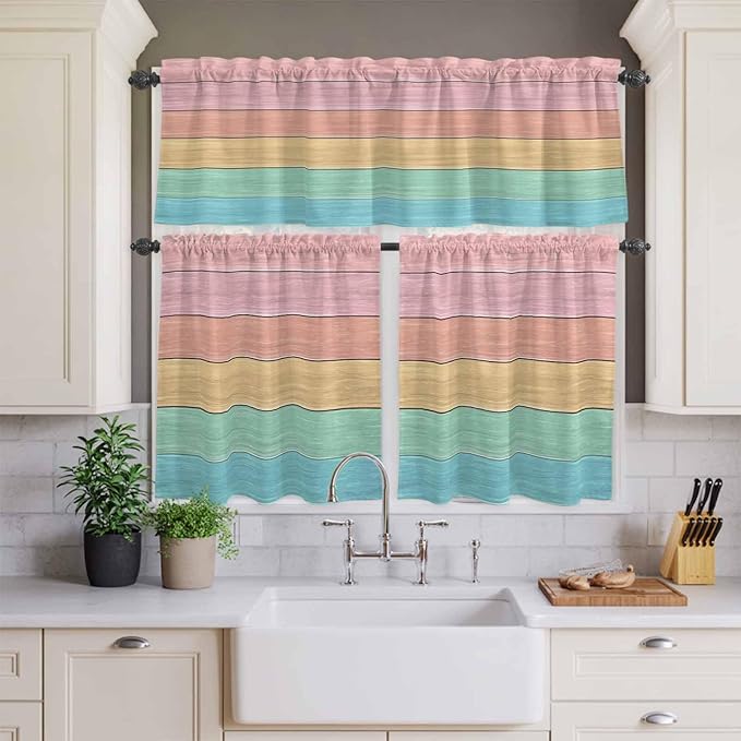 Kitchen Window Curtains Valance and Tier Set, Farm Colorful Wooden Plank Rod Pocket Tier Curtain Valance Set, Rustic Wood Grain Barn Light Filtering Cafe Curtains for Bedroom Living Room
