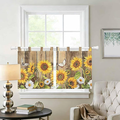 Farmhouse Sunflowers Kitchen Curtains 24 Inch Length, Small Window Curtains Tab Top, Rustic Floral Buttterfly Wood Board Brown Light Filtering Short Window Treatments Tier Drapes 27.5"x24" 2 Panel