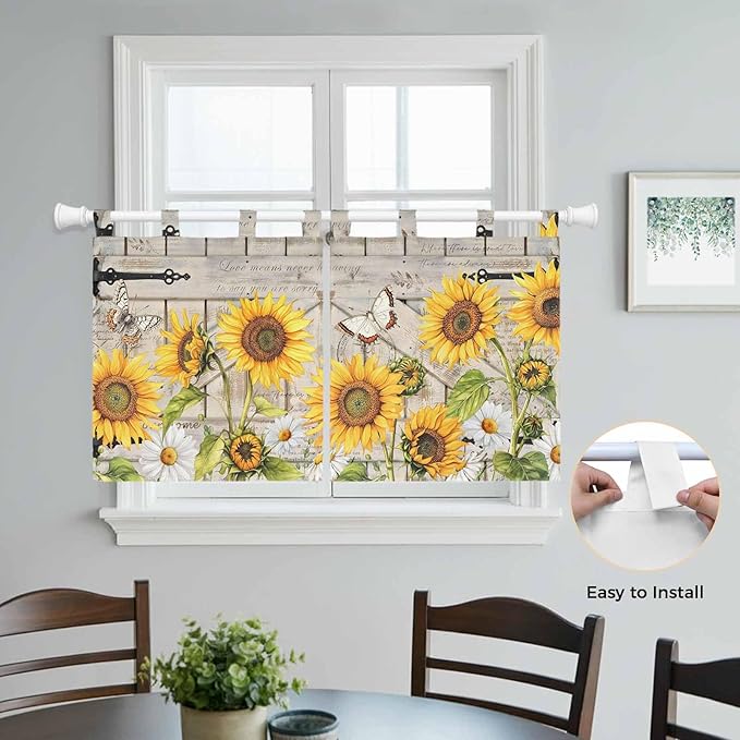 Farm Flowers Kitchen Curtains 24 Inch Length, Small Window Curtains Tab Top, Retro Sunflowers Barn Doors Butterfly Wood Board Light Filtering Short Window Treatments Tier Drapes 27.5"x24" 2 Panel