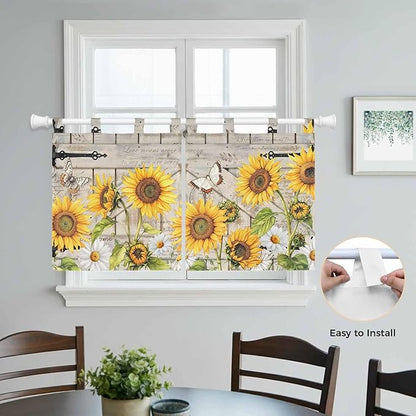Farm Flowers Kitchen Curtains 24 Inch Length, Small Window Curtains Tab Top, Retro Sunflowers Barn Doors Butterfly Wood Board Light Filtering Short Window Treatments Tier Drapes 27.5"x24" 2 Panel