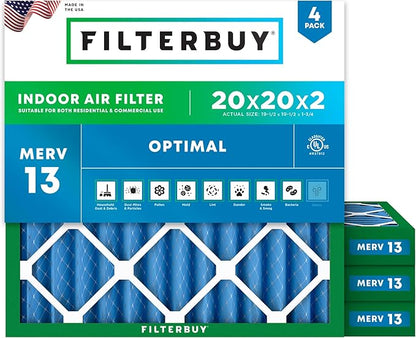 Filterbuy 20x20x2 Air Filter MERV 13 Optimal Smoke & Allergy Defense (4-Pack), Electrostatic Pleated HVAC AC Furnace Filters Replacement, Made in USA (Actual Size: 19.50 x 19.50 x 1.75)