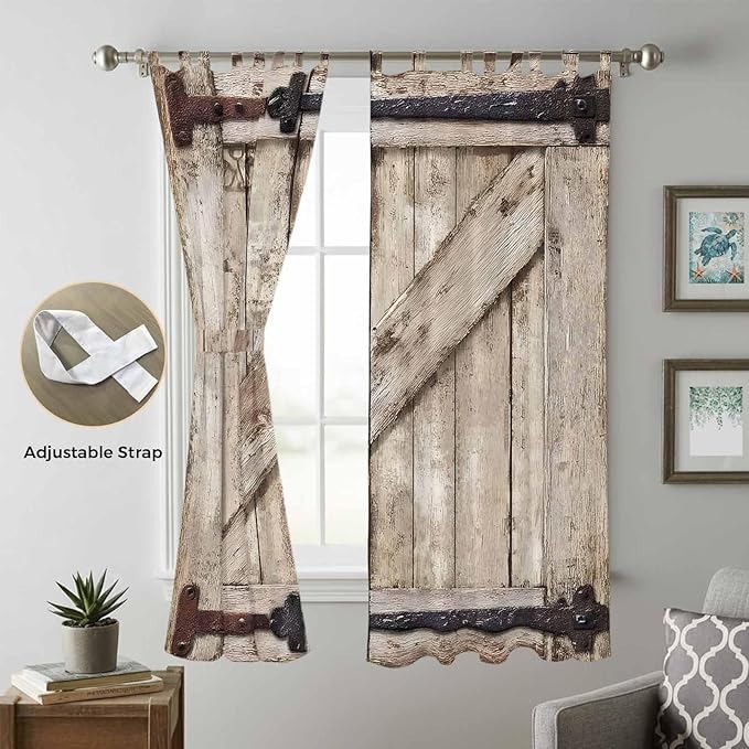 Farmhouse Wood Grain Living Room Curtains 96 Inch Length, Window Curtains Tab Top, Vintage Country Barn Gate Brown Light Filtering Window Treatments Drapes 52"x96" 2 Panel