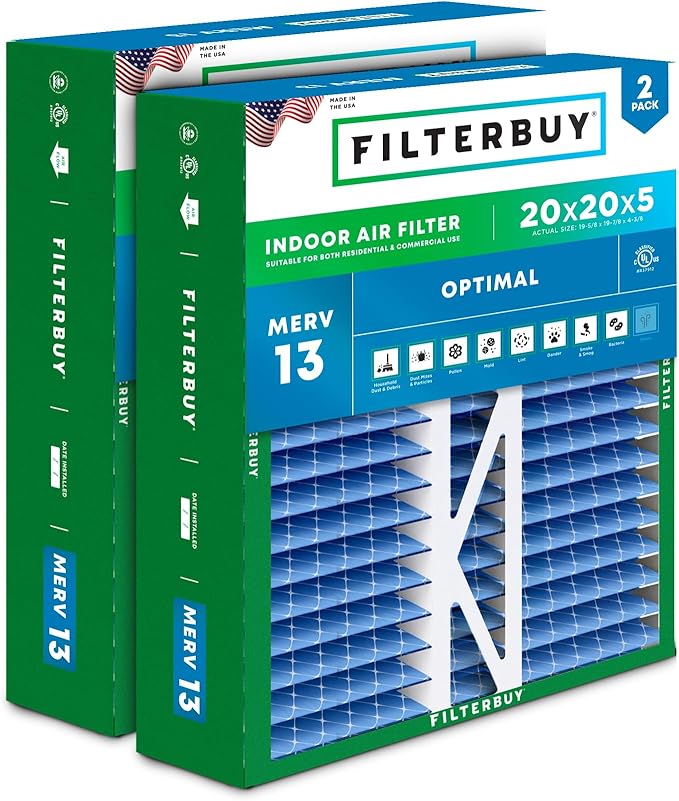 Filterbuy 20x20x5 Air Filter MERV 13 Optimal Smoke & Allergy Defense (2-Pack), Pleated HVAC AC Furnace Filters for Honeywell FC100A1011, Lennox X0585, and More (Actual Size: 19.63 x 19.88 x 4.38)