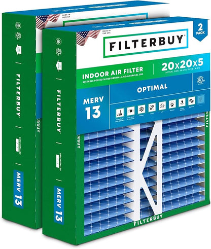 Filterbuy 20x20x5 Air Filter MERV 13 Optimal Smoke & Allergy Defense (2-Pack), Pleated HVAC AC Furnace Filters for Honeywell FC100A1011, Lennox X0585, and More (Actual Size: 19.63 x 19.88 x 4.38)