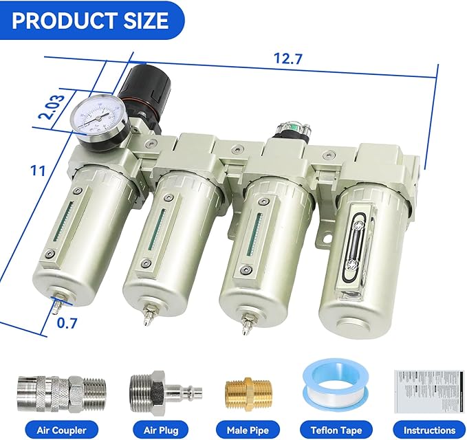 1/2" NPT Industrial Grade 4 Stage Air-Dryer-for-Compressor, Air-Compressor-Water-Separator-System for Plasma Cutter and Paint Spray, 3Filter&1Dryer System,Manual Drain