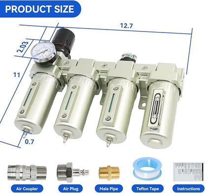 1/2" NPT Industrial Grade 4 Stage Air-Dryer-for-Compressor, Air-Compressor-Water-Separator-System for Plasma Cutter and Paint Spray, 3Filter&1Dryer System,Manual Drain