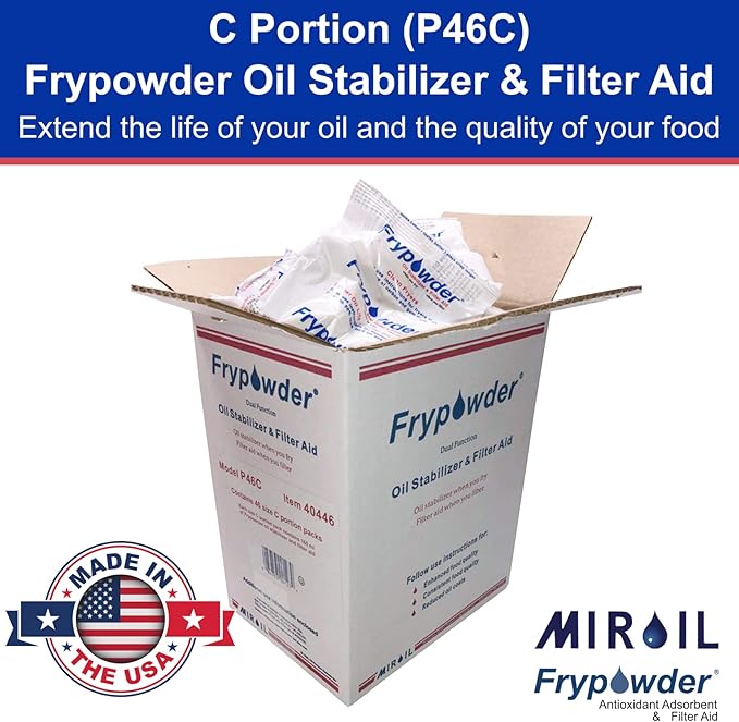 MirOil P46C Fry Powder Oil Stabilizer and Filter Aid, 46 x Size C Portion Pack(160ML Each) Fry Powder, Food Centers Cook Hotter, Deep Fryer Cooking Oil Saver Helps Save Grease & Remove Carbon Deposits