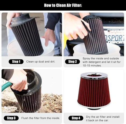 RYANSTAR RACING 63mm 2.5" High Flow Round Tapered Cone Cool Air Filter Cleaner with Top Filter Design Short 153mm tall