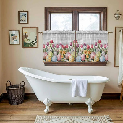 Easter Kitchen Tier Curtains 24 Inch Long 2 Panel Set,Rod Pocket Cafe Small Window Curtains Over Sink,Retro Spring Bunny Eggs Tulip Farm Wooden Grain Light Filtering Short Drapes 27.5"W x 24"L