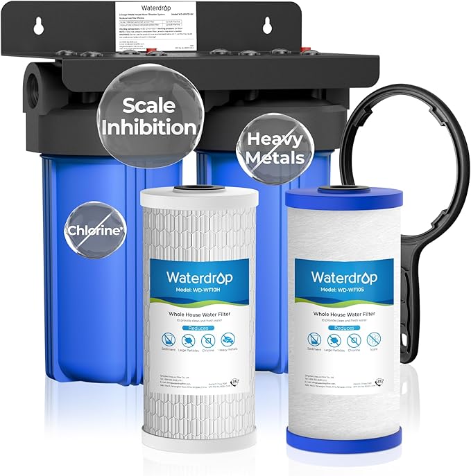 Waterdrop 2 Stage Whole House Water Filter System, with Heavy Metal and Anti-Scale Sediment Filter, Highly Reduce Iron, Scale, Lead, Chlorine, Taste, 5-Stage Filtration, WD-WHF21-SH, 1" Inlet/Outlet