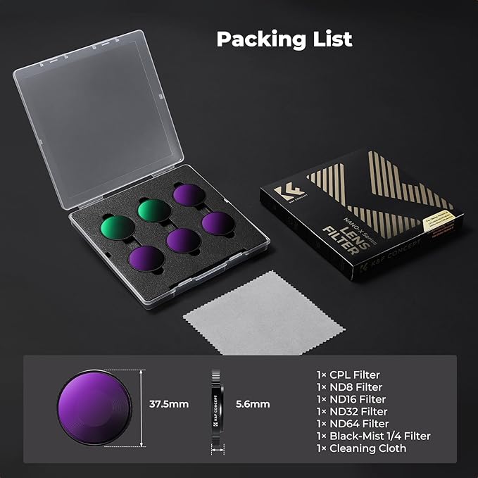 K&F CONCEPT 6Pack HD Filter Kit Compatible with DJI Osmo Action 6, CPL ND8 ND16 ND32 ND64 Black Diffusion 1/4 Plarizer Light Reduction Effect Filter HD Optical Glass with Multi-Layer Nano-Coating