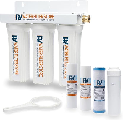 Enhanced RV Water Filter System – Triple Canister Filtration for Iron, Heavy Metals, & Sediment – 0.5 Micron Carbon Block – Ideal for RVs, Motorhomes, and Travel Trailers Remove Red Stains, High Flow