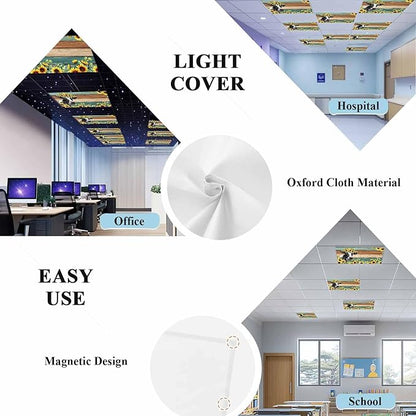 Fluorescent Light Covers Farm Cow Sunflower Magnetic Light Filters Vintage Blue Green Wood Grain Ceiling Light Covers for Classroom Office Home Drop Ceiling Lamp Decor 4 Pieces
