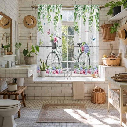 Spring Kitchen Curtains, Bicycles Botanical Rose Leaves Butterfly Wood Grain Light Filtering Window Curtain Panels, 2Pcs Rod Pocket Window Treatments Set for Living Room Bathroom Bedroom 42x63 Inches