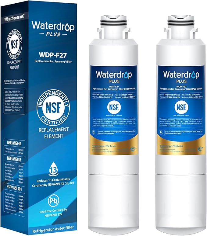 Waterdrop Plus DA29-00020B 𝐍𝐒𝐅 𝟒𝟎𝟏 𝐂𝐞𝐫𝐭𝐢𝐟𝐢𝐞𝐝 Refrigerator Water Filter, Replacement for Samsung® Water Filter DA29-00020B, HAF-CIN, HDX FMS-2, RF28HMEDBSR, 2 Filters (Package May Vary)