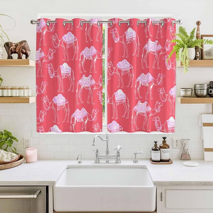 2 Panel Kitchen Cafe Curtains, Desert Camel Sunlight Filtering Nature Air Through, Home Decor Window Covering Tier Curtains for Living Room 104W x 72L inch Summer Sand Camel Animal Vintage Pink