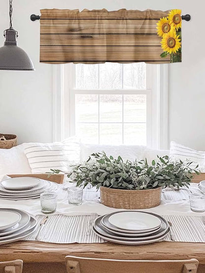 Kitchen Valances for Window, Farm Sunflower on Vintage Wood Grain Light Filtering Rod Pocket Valance Curtain, Spring Country Plant Short Curtains Window Topper for Bedroom Living Room 42x12in
