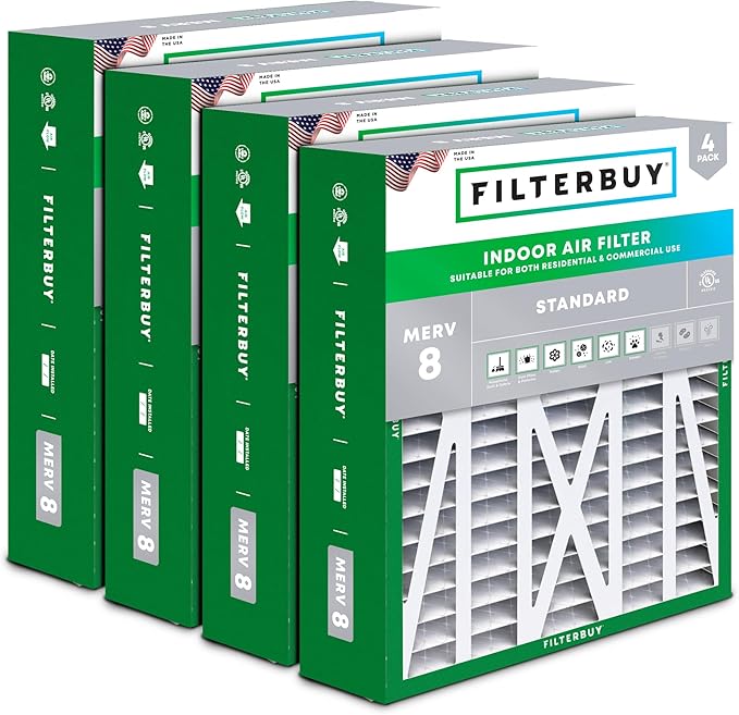 Filterbuy 17.5x21x5 Air Filter MERV 8 Essential Dust & Allergy Defense (4-Pack), Electrostatic Pleated HVAC AC Furnace Filters for Rheem, Ruud, and Protech (Actual Size: 17.13 x 20.63 x 4.38)