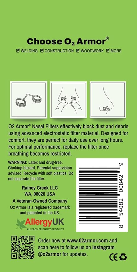 O2 Armor Nose Filters for Welders & Allergies - Nose Filter for Dust - Nasal Filters for Welding - Nose Dust Mask for Construction (10 Pack, Size X-Large)