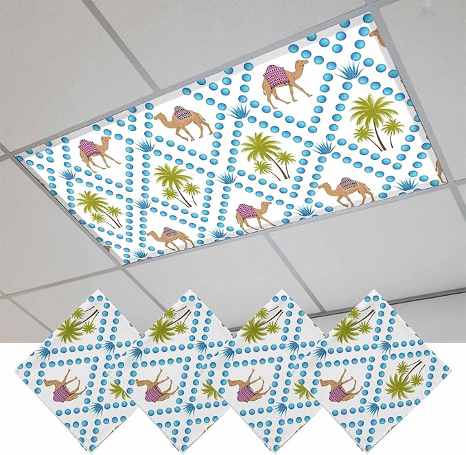 4 Pack Fluorescent Light Cover, Camels Palm Trees Light Covers for Ceiling Lights, Tropical Desert Animal Plants Polka Dot Magnetic Lights Filters Ceiling Shade for Classroom/Office - 4 x 2 Feet