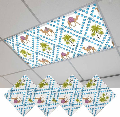 4 Pack Fluorescent Light Cover, Camels Palm Trees Light Covers for Ceiling Lights, Tropical Desert Animal Plants Polka Dot Magnetic Lights Filters Ceiling Shade for Classroom/Office - 4 x 2 Feet