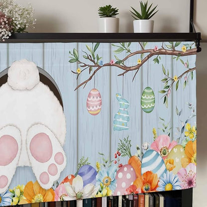 Easter Curtain Valances for Windows, Kitchen Valance Window Treatment, Spring Watercolor Bunny Eggs Flower Wood Grain Blue Light Filtering Block Curtains for Bathroom/Bedroom/Living Room 42'' x 18''