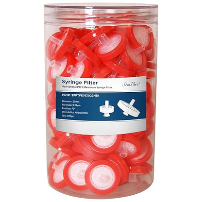 SimPure Syringe Filter PTFE 200 PCS Hydrophobic Membrane, 25mm Disc Diameter, 0.22um Pore Size, HPLC and GC Needle Filter, Non-Sterile, High Throughput Lab Filtration