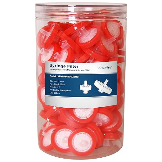 SimPure Syringe Filter PTFE 200 PCS Hydrophobic Membrane, 25mm Disc Diameter, 0.22um Pore Size, HPLC and GC Needle Filter, Non-Sterile, High Throughput Lab Filtration