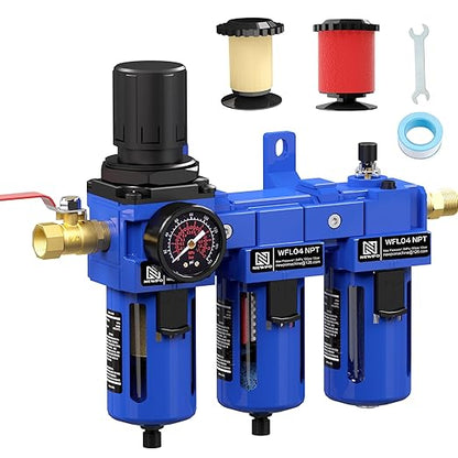 NEWPO 1/2'' NPT Compressed Air Filter Regulator Lubricator Combo with Pressure Gauge,Brass Filter and Coalescing Filter,Semi-Auto Drain, Metal Bracket-Blue