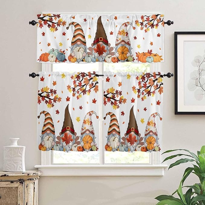 Fall Kitchen Curtain Set, Orange Yellow Thanksgiving Maple Leaf Gnomes Pumpkin Window Valance and Tiers 24" Length, Light Filtering Short Curtains Valance for Cafe Bathroom Bedroom 54"x18"