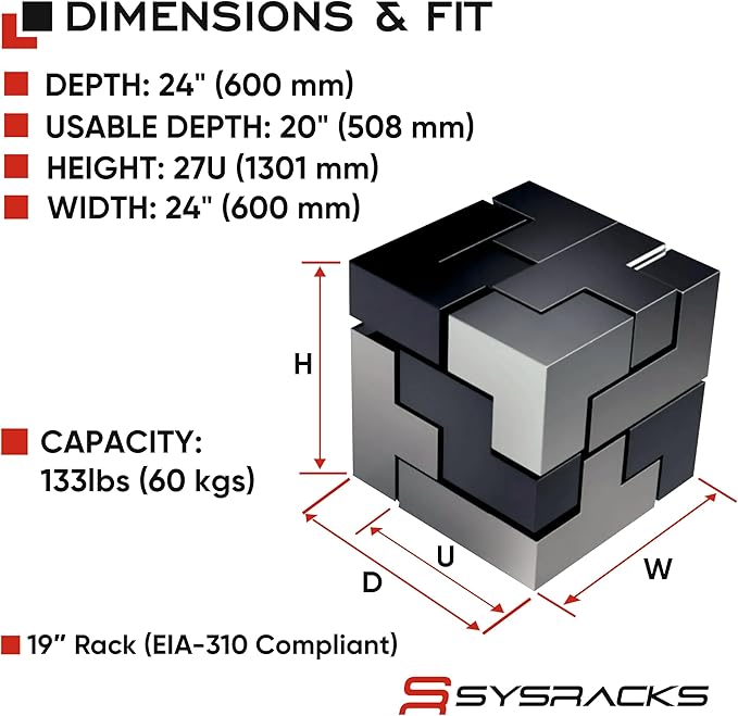 Sysracks 27U Wall Mount Server Rack Cabinet, 19” Locking Network Rack, 24” Deep, Glass Door, with Fan, PDU and Shelf