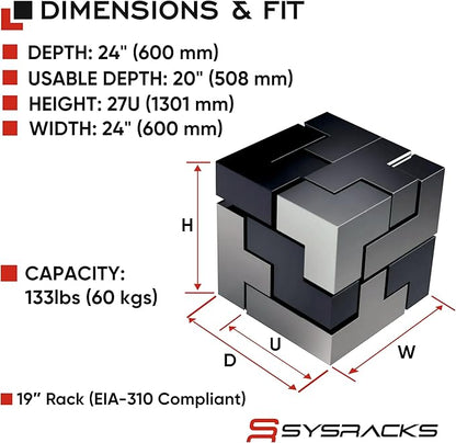 Sysracks 27U Wall Mount Server Rack Cabinet, 19” Locking Network Rack, 24” Deep, Glass Door, with Fan, PDU and Shelf