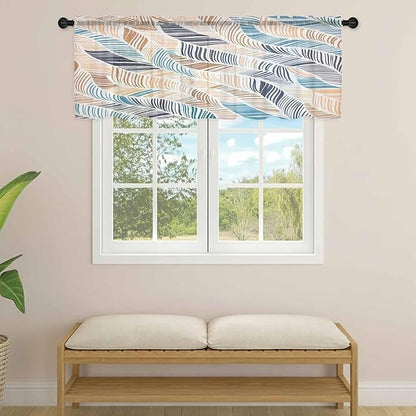 Abstract Stripes Sheer Valance Curtains, Brown Blue Gradient Wavy Lines Leaf Texture Light Filtering Kitchen Valances Rod Pocket Voile Curtain Window Treatment for Bedroom/Living Room/Basement 42Wx18L