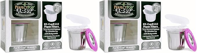 EZ-Cup Stainless Steel 1-Stream Reusable K Cup Coffee Pod for Keurig + 25 Disposable Paper Filters - Refillable Capsule Compatible with Keurig and Other Select Coffee Makers (Pack of 2)