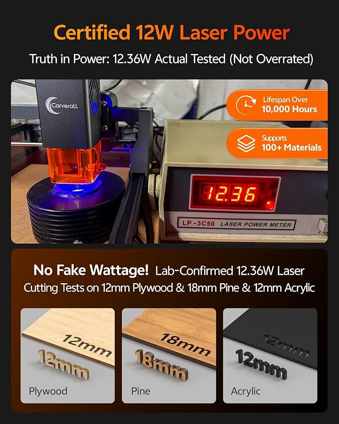 Laser Engraver 12W Laser Engraving Machine for Wood Metal Acrylic Glass Stone, DIY CNC Portable Laser Cutter 7.9" x 11.8" (Near A4) Offline Engraving Carverall K15 Pro Silvery, 12000mW, Class 1
