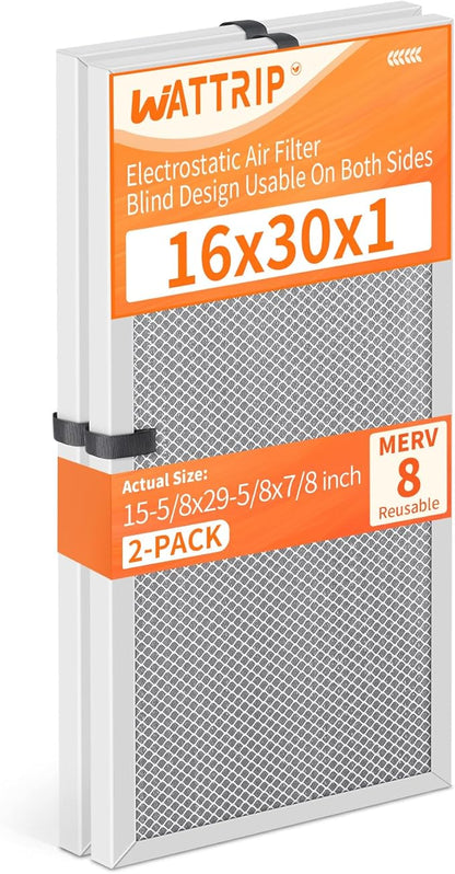 2-Pack 16x30x1 MERV 8 Reusable & Washable Electrostatic Air Filters - Long-Lasting Filter for HVAC, Furnace & Air Conditioner Units, Actual Size: 15-5/8” x 29-5/8” x 7/8”