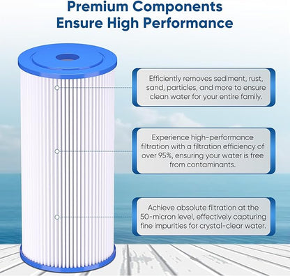PUREPLUS 50 Micron 10" x 4.5" Extra Coarse Pleated Sediment Filter for Well Water, Replacement Cartridge for GE FXHSC, Culligan R50-BBSA, Pentek R50-BB, DuPont WFHDC3001, W50PEHD，GXWH40L, 4Pack