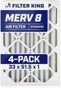 Filter King 33x51.5x1 Air Filter | 4-PACK | MERV 8 HVAC Pleated A/C Furnace Filters | MADE IN USA | Actual Size: 33 x 51.5 x .75"