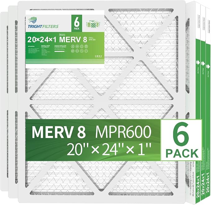 20x24x1 Air Filter 6 Pack, Durable MERV 8 Pleated Home HVAC AC Furnace Filters, Lightweight Compact Air Conditioner Filter Replacement