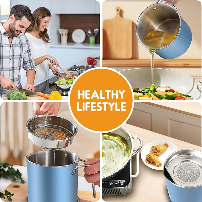 Chihee Stainless Steel Bacon Grease Saver - 2L / 67.6 fl oz Oil Container with Fine Mesh Strainer and Non-slip Tray for Kitchen Storing Frying Cooking Grease