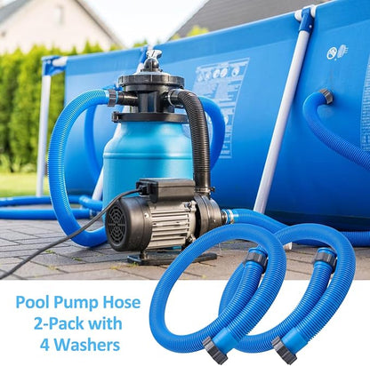 2-Pack 1.5 Inch Pool Pump Hose Replacement for Above Ground Pools, 59" Long Flexible PE Pool Filter Hose for Most 1.5 Inch Diameter Sand Filters & Saltwater Systems Includes 4 Washers (Blue)