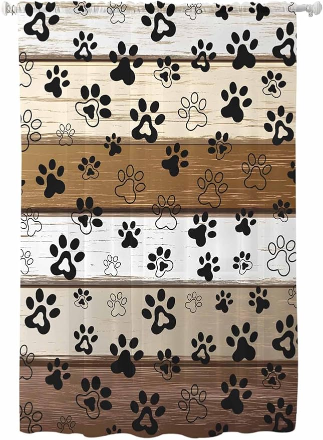 Sheer Curtains 63 Inch Length, Brown Beige Farmhouse Semi Sheer Curtains Light Filtering Window Treatment, Black Dog Paw Vintage Wooden Privacy Voile Drapes for Living Room Bedroom 52x63 Inch