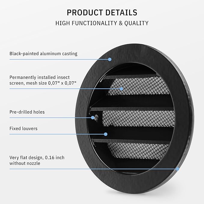 calimaero® WSGB 3" Inch Black Round Metal Air Vent Grill Cover Flat Louver with Fly Screen Fits Only with Metal Ducts