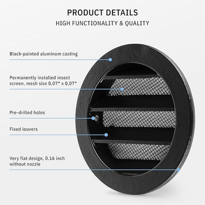 calimaero® WSGB 3" Inch Black Round Metal Air Vent Grill Cover Flat Louver with Fly Screen Fits Only with Metal Ducts