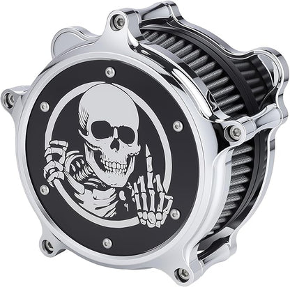 Motorcycle Air Filter Skull Style Air Cleaner with Filter Sock Dustproof Protective Cover Kit for Harley Touring 2000-07 Softail 2000-15 Dyna 2000-17, Excludes 2017 FXDLS (Chrome)