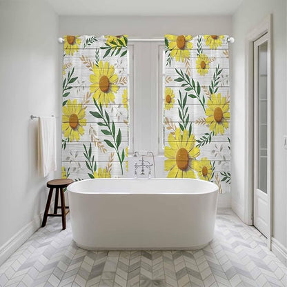 Yellow Daisy Kitchen Curtains, Farmhouse Country Flower Leaf Plant Wood Grain Light Filtering Window Curtain Panels, 2Pcs Rod Pocket Window Treatments Set for Living Room Bathroom Bedroom 52x72 Inches