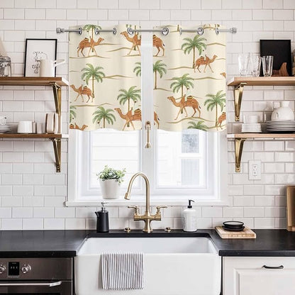 2 Panel Kitchen Cafe Curtains, Date Coconut Tree Sunlight Filtering Nature Air Through, Home Decor Window Covering Tier Curtains for Living Room 55W x 39L inch Desert Camels Botanical Tropical Beige