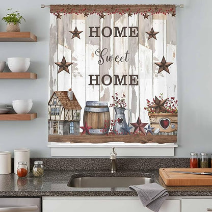 Farmhouse Sheer Curtains 72 Inch Length Retro Country Star Berry Vintage Wood Grain Chiffon Curtain for Bedroom Living Room Light Filtering Rod Pocket Window Treatments Voile Curtains Drapes