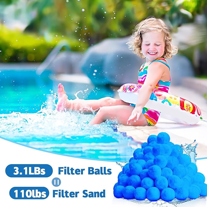 QwayHome 3.1 lbs Pool Filter Balls, Reusable Filter Sand Balls for Above Ground Pool Sand Pump, Pool Filter Sand Alternative, Eco-Friendly Fiber Filter Balls, Replace 110 lbs Filter Sand, Blue